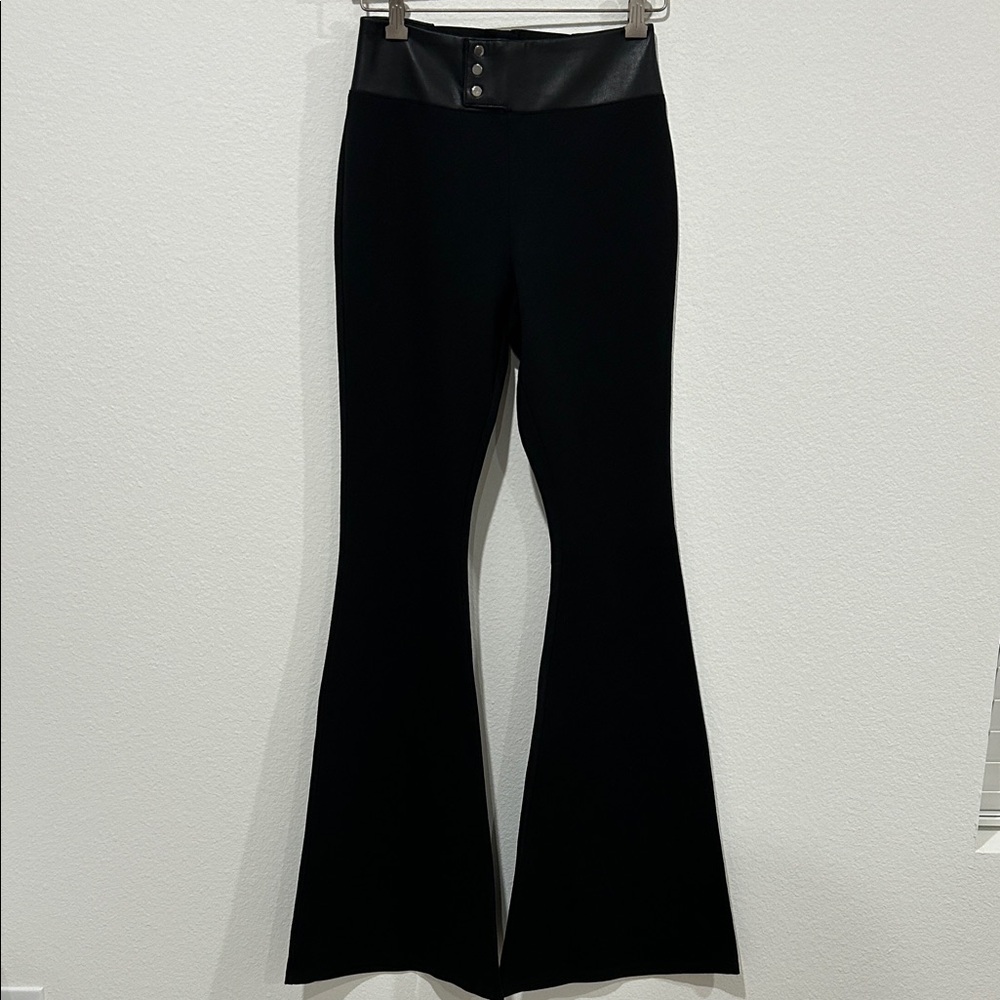 bebe Black Flare Pants with Vegan Leather and Button Detail
